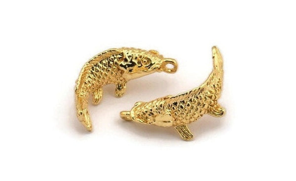 Gold Fish Charm, Gold Plated Brass Fish Charm With 1 Loop, Pendant, Finding (28mm) N0866
