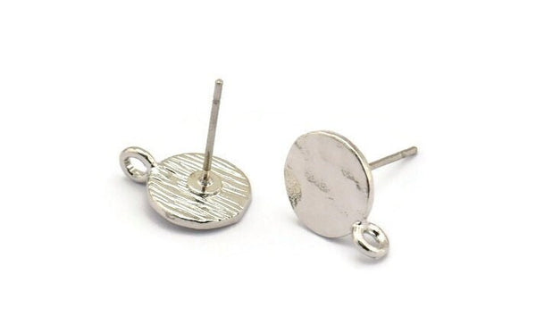 Silver Earring Posts, 8 Silver Plated Brass Round Earring Stud, Earring Charms With 1 Loop (9mm) N0803