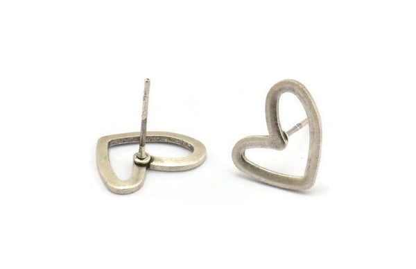 Silver Heart Earring, 8 Antique Silver Plated Brass Heart Stud Earrings (11x14x1mm) D1195 A1221 H0475
