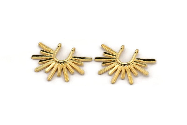 Gold Sun Pendant, Gold Plated Brass Textured Sunshine Charm With 2 Loops (32x24mm) N0814