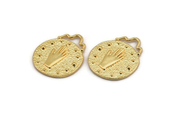 Round Hand Pendant, Gold Plated Brass Round Hand Charm Pendant, Earrings, Findings (28x23mm) N0877