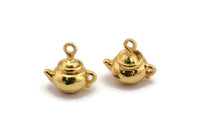 Gold Teapot Charm, 2 Gold Plated Brass Teapot Charm With 1 Loop, Findings (11mm) N0867
