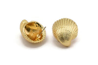 Gold Shell Earring, 2 Gold Plated Brass Sea Shell Stud Earrings (22x19mm) N0939