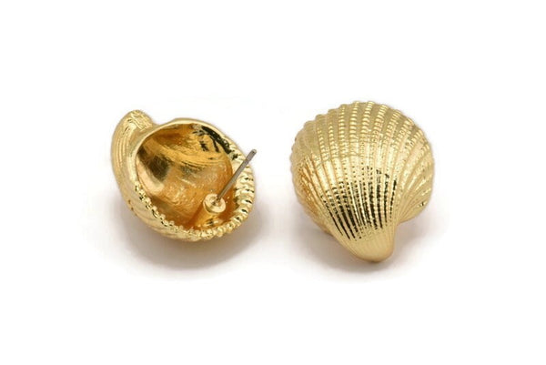 Gold Shell Earring, 2 Gold Plated Brass Sea Shell Stud Earrings (22x19mm) N0939