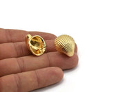 Gold Shell Earring, 2 Gold Plated Brass Sea Shell Stud Earrings (22x19mm) N0939