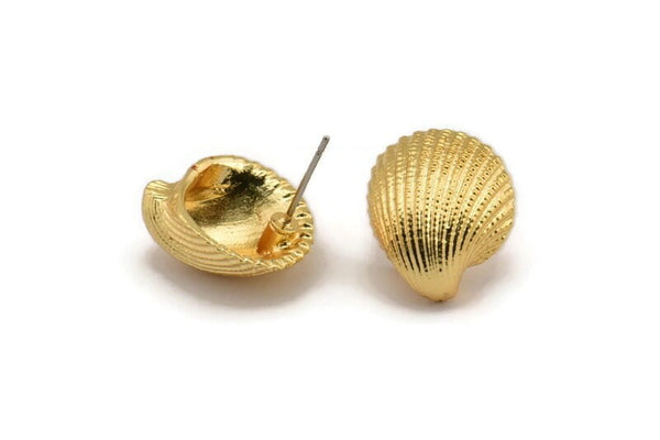 Gold Shell Earring, 2 Gold Plated Brass Sea Shell Stud Earrings (18x16mm) N0940