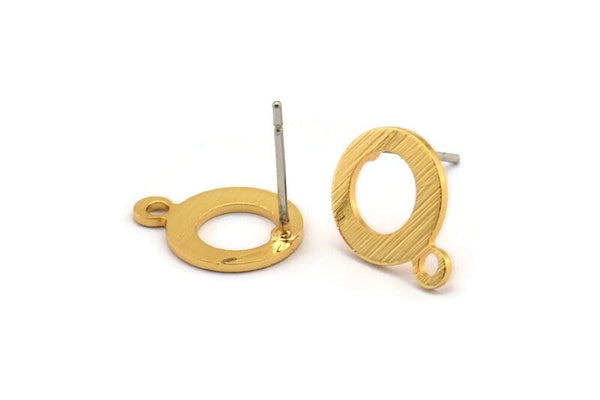 Gold Circle Earring, 6 Textured Gold Plated Brass Circle Stud Earrings With 1 Loop (13x10x0.80mm) M361 A2061