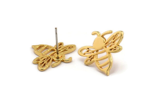 Gold Bee Earring, 2 Gold Plated Brass Bee Stud Earrings (20x17x1.2mm) N1368