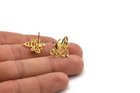 Gold Bee Earring, 2 Gold Plated Brass Bee Stud Earrings (20x17x1.2mm) N1368