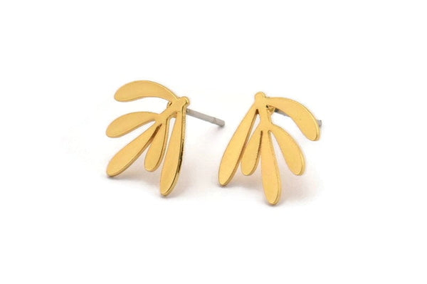 Gold Leaf Earring, 8 Gold Plated Brass Leaf Stud Earrings (12x13x0.60mm) A3025