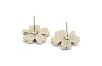 Silver Flower Earring, 4 Antique Silver Plated Brass Flower Stud Earrings (15x2mm) D1183 A1231
