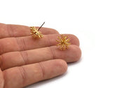 Gold Flower Earring, 4 Gold Plated Brass Taraxacum Stud Earrings With 1 Loop (14mm) N1180