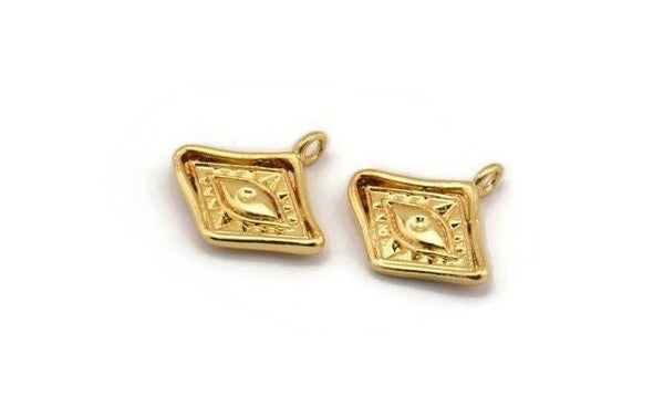 Gold Eye Charm, 4 Gold Plated Brass Eye Charms With 1 Loop, Pendants, Earrings (15x14x2mm) F-95