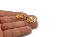Gold Moon Earring, 2 Gold Plated Brass Moon Phases Stud Earrings (19x16x1mm) N1339
