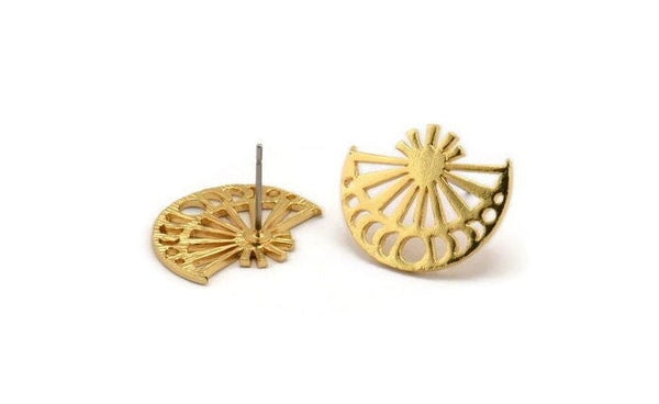 Gold Moon Earring, 2 Gold Plated Brass Moon Phases Stud Earrings (19x16x1mm) N1339