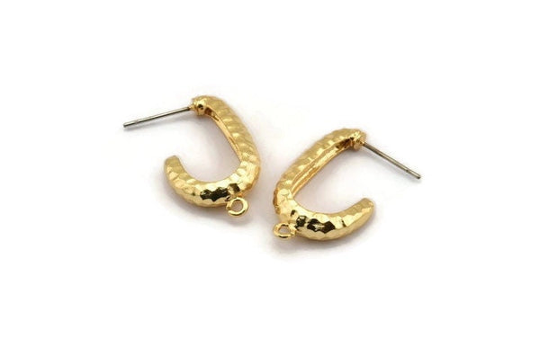 Gold Hook Earring, 2 Hammered Gold Plated Brass Hook Stud Earrings With 1 Loop (26x15x5mm) N1329
