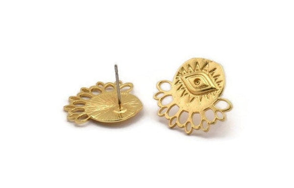 Gold Eye Earring, 2 Gold Plated Brass Eye Stud Earrings (20x18x0.80mm) N1305