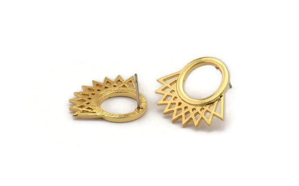 Stud Earrings, 2 Gold Plated Brass Earrings -  Round Stud Earrings - Ear Studs - Earring Findings (25x21x1.5mm) N1334