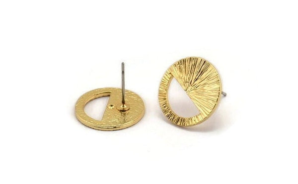 Gold Round Earring, 2 Textured Gold Plated Brass Half Moon Stud Earrings (16x1.2mm) N1261
