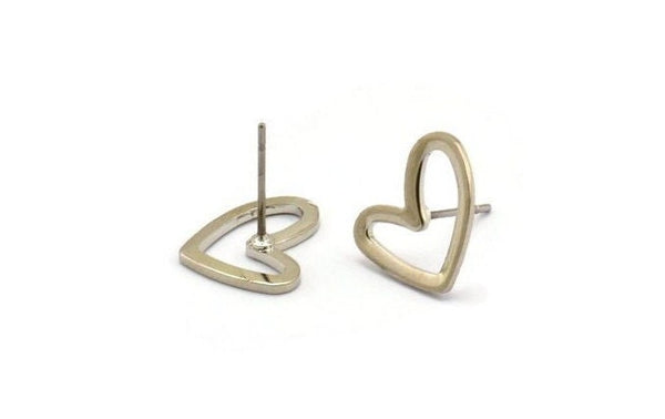 Silver Heart Earring, 2 Silver Plated Brass Heart Stud Earrings (11x14x1mm) D1195 A1221 H0475