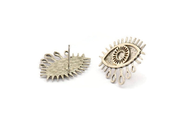 Silver Eye Earring, 2 Silver Tone Brass Eye Stud Earrings (24x21mm) N1504 H0974