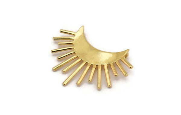 Moon and Sun, 2 Gold Plated Brass Crescent Moon and Semi Sun Ethnic Pendants With 2 Loops, Findings, Charms (37x21x0.80mm) N0976