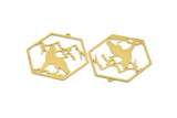 Brass Hexagon Charm, 4 Raw Brass Wolf Patterned Hexagon Shaped Charms With 1 Loop, Earring Findings, Geometric Charms (37x40x0.60mm) A4845
