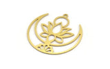 Brass Lotus Charm, 6 Raw Brass Lotus Flower And Crescent Moon Patterned Charms With 1 Loop, Findings (34x33x0.60mm) A5133