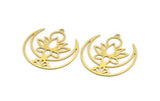 Brass Lotus Charm, 6 Raw Brass Lotus Flower And Crescent Moon Patterned Charms With 1 Loop, Findings (34x33x0.60mm) A5133