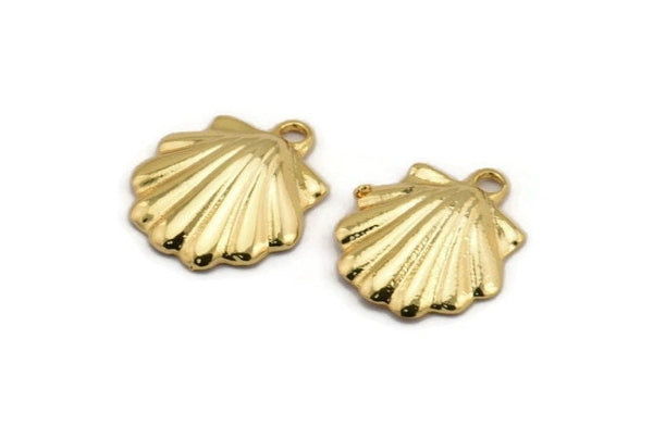 Gold Shell Charm, 4 Gold Plated Brass Sea Shell Charm With 1 Loop, Pendants, Earrings, Findings (15x17mm) N0898