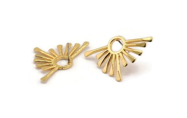 Gold Sun Earring, 2 Gold Plated Brass Hammered Sunshine Stud Earrings (36x23x1.7mm) N1284