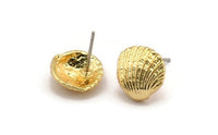 Gold Shell Earring, 2 Gold Plated Brass Sea Shell Stud Earrings (12mm) N0942