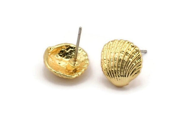 Gold Shell Earring, 2 Gold Plated Brass Sea Shell Stud Earrings (12mm) N0942