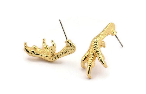 Gold Paw Earring, 2 Gold Plated Brass Bird Paw Stud Earrings (33x15mm) N1078
