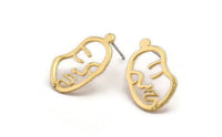 Gold Face Earring, 4 Gold Plated Brass Face Stud Earrings (21x13x1mm) N1107 H1085