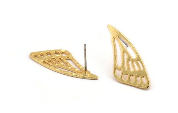 Gold Wing Earring, 2 Gold Plated Brass Wing Stud Earrings, Findings (29x11x1mm) N1131
