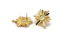 Gold Sun Earring, 2 Gold Plated Brass Sunshine Stud Earrings with 6mm Stone pad (25x22mm) N0857
