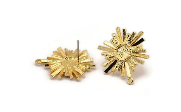 Gold Sun Earring, 2 Gold Plated Brass Sunshine Stud Earrings with 6mm Stone pad (25x22mm) N0857