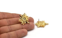 Gold Sun Earring, 2 Gold Plated Brass Sunshine Stud Earrings with 6mm Stone pad (25x22mm) N0857