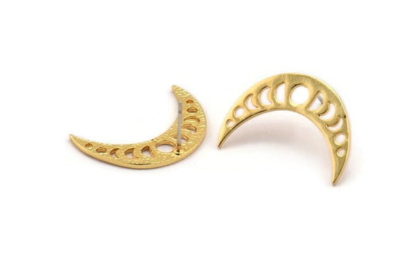 Gold Moon Earring, 2 Gold Plated Brass Moon Phases Stud Earrings (24x7x1.2mm) N1320