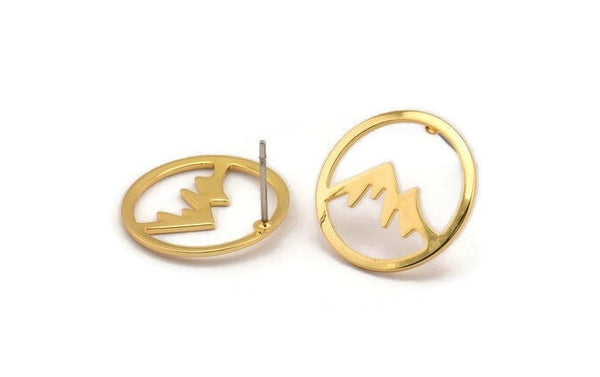 Gold Mountain Earring, 4 Gold Plated Brass Mountain Shaped Stud Earrings (18x0.80mm) M02720 A0239