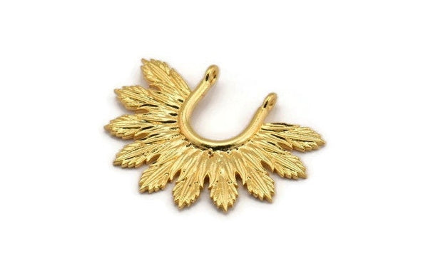 Gold Leaf Charm, 2 Gold Plated Brass Leaf Charm Pendants With 2 Loops Earrings, Findings (33x25mm) N0820