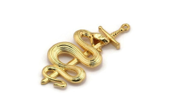 Gold Sword Charm, Gold Plated Brass Sword Charms With 1 Loop, Snake Sword (47x22mm) N1643