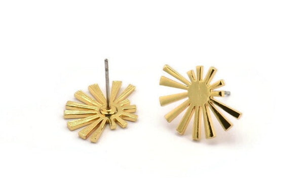 Gold Sun Earring, 4 Gold Plated Brass Rising Sun Flag Stud Earrings (18x14x1mm) N1340
