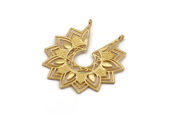 Gold Ethnic Pendant , Gold Plated Brass Ethnic Motif Pendant With 2 Loops, Findings, Earrings, Charms (43x46mm) N0875