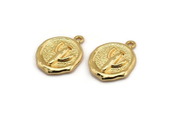 Gold Cactus Charm, Gold Plated Brass Cactus Charm With 1 Loop, Pendants, Findings (16x18mm) N0885