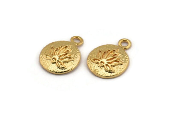 Lotus Flower Charm, 4 Gold Plated Brass Lotus Flower Charms, With 1 Loop, Earrings, Findings (10mm) N0880