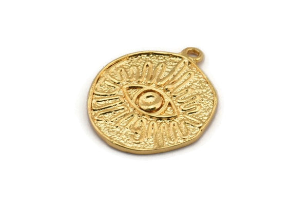 Gold Eye Charm, Gold Plated Brass Eye Charm With 1 Loop, Pendants, Earrings (25x21x1.5mm) N1076