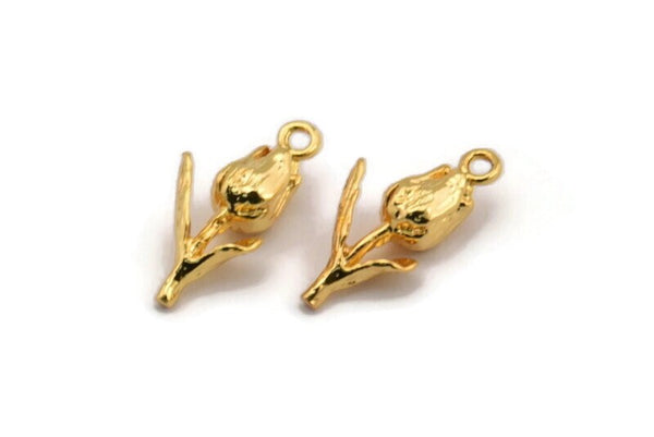 Gold Rose Charm, 2 Gold Plated Brass Flower Charm With 1 Loop, Pendants, Findings (18x8mm) N0868