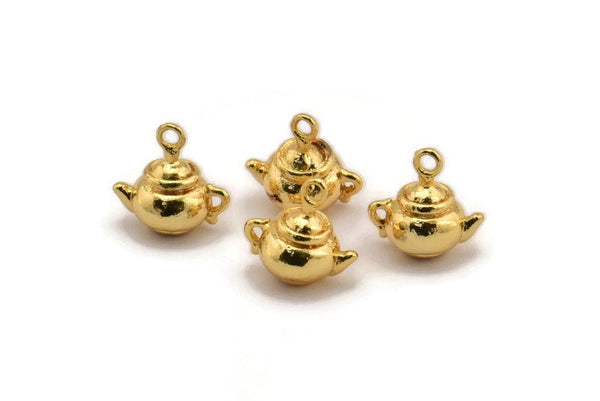 Gold Teapot Charm, 2 Gold Plated Brass Teapot Charm With 1 Loop, Findings (11mm) N0867
